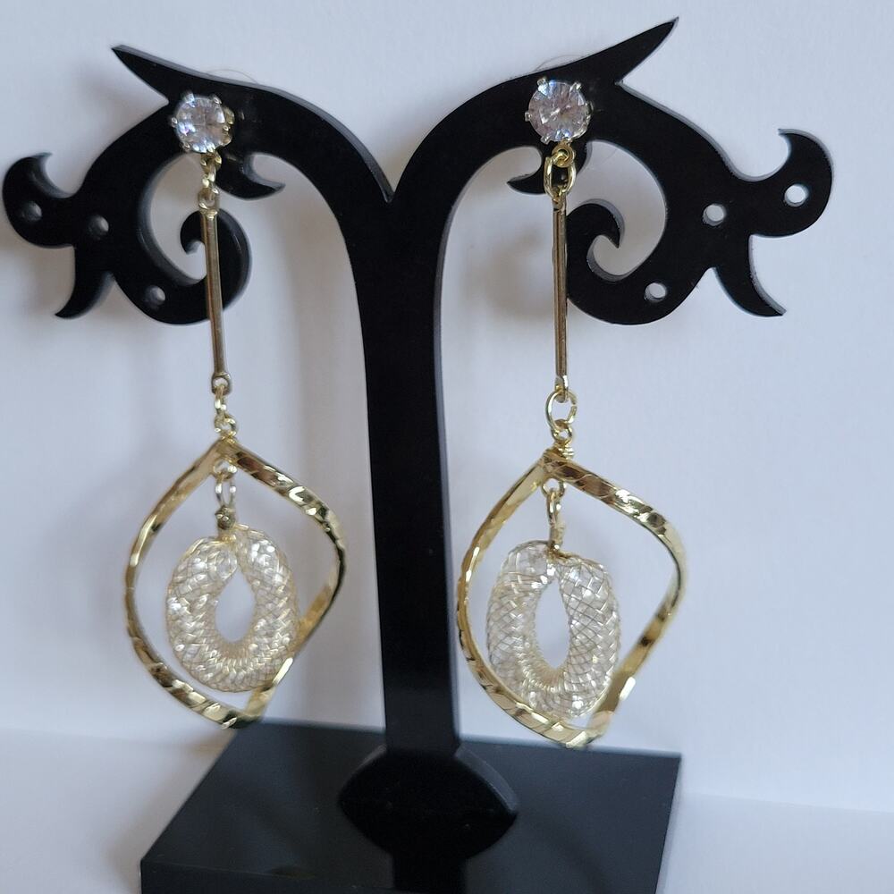 NWOT Gold Tone Twist Fashion Drop Dangle Rhinestone Pierced Post Earrings 2 1/8"